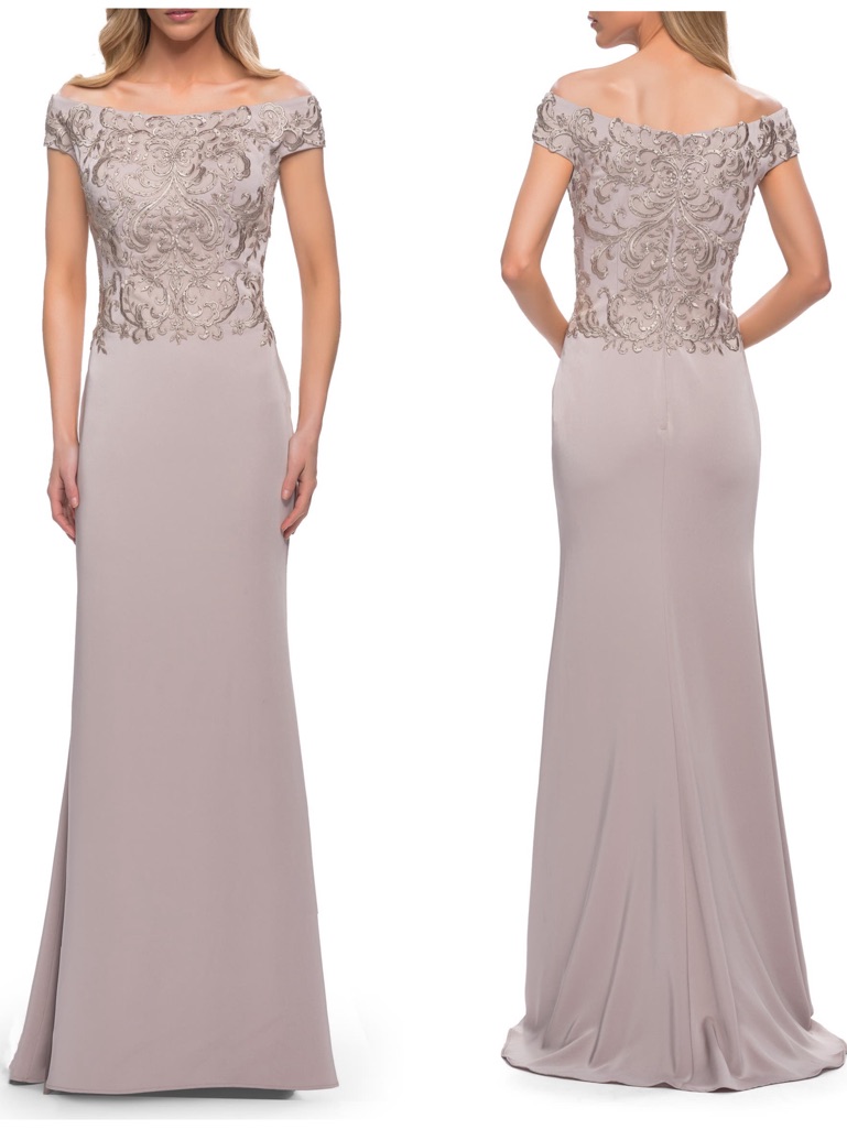 La Femme Chic Light Taupe Off-Shoulder Embroidered Lace Maxi Gown Dress Nwt $378